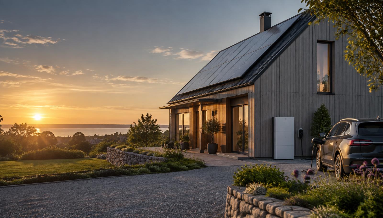 Svensk villa med solceller, hembatteri och laddplats